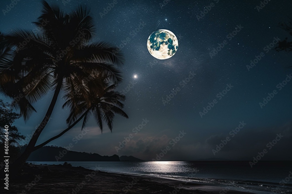 A stunning scene - palm tree silhouette against starry night sky and ...