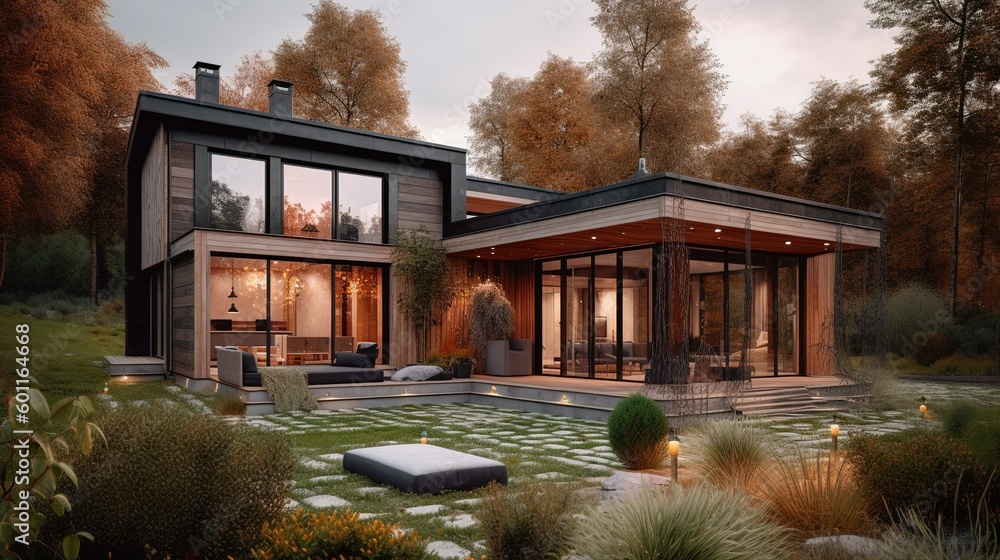 Exterior of modern house with large windows created with Generative AI ...