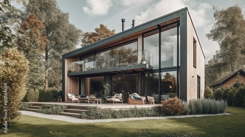 Exterior of modern house with large windows created with Generative AI technology.