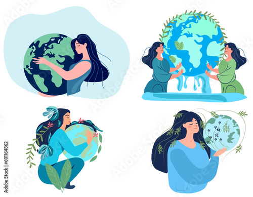 Our home planet symbolized as an eco friendly and sustainable globe in a miniature human context. Female character protect our earth. Concept consciousness and ecosystem preservation. Vector.