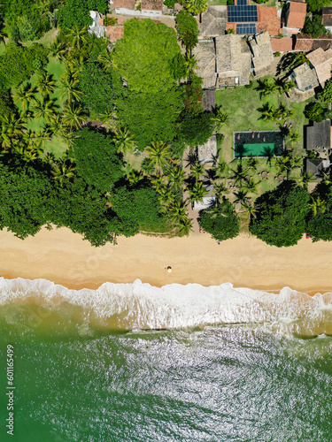 Aerial Views of the Idyllic Beaches and Biodiverse Ecosystems of Caraíva and Trancoso, Brazil. The idyllic beaches, golden sands, and crystal-clear waters of the Atlantic Ocean.