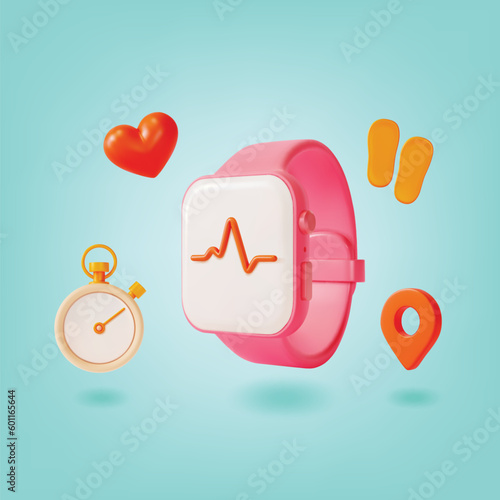 3d Fitness Bracelet Electronic Gadget for Sports Concept Cartoon Style. Vector illustration of Smart Watch Pulse Heart