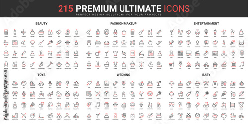 Beauty cosmetics, makeup and fashion thin line red black icons set vector illustration. Abstract symbols of wedding, entertainment services, toys for baby, family, simple design for mobile, web apps