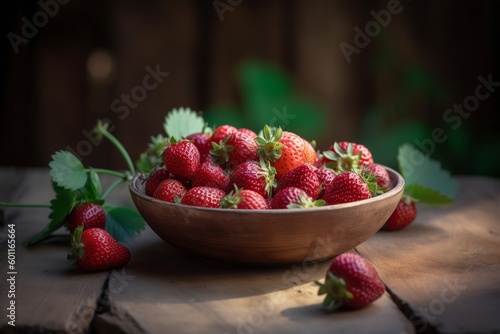illustration  strawberries in a bowl on a wooden table  ai generative