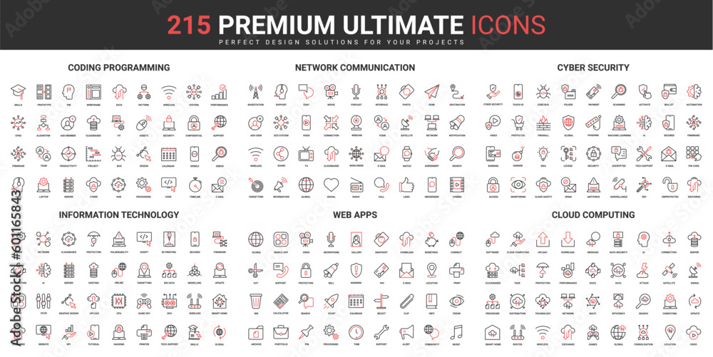 Network communication, cyber security thin line red black icons set ...