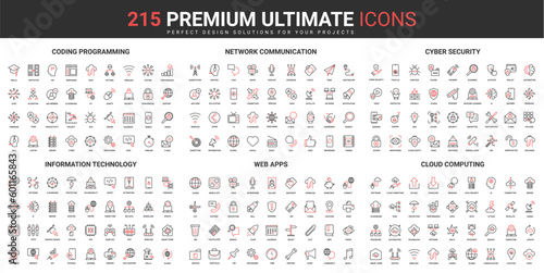 Network communication, cyber security thin line red black icons set vector illustration. Abstract symbols of programming, information technology, cloud computing simple design for mobile, web apps