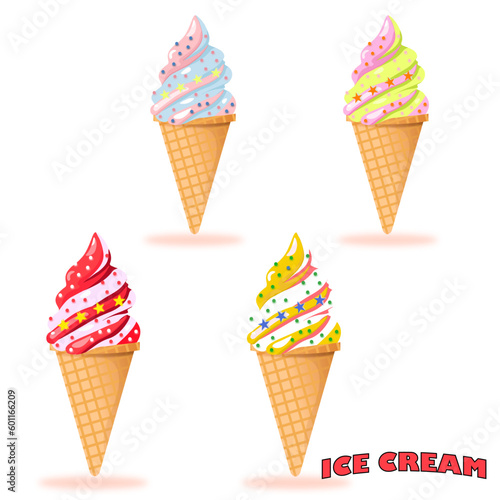 Ice cream in a waffle cone with different flavors cartoon style