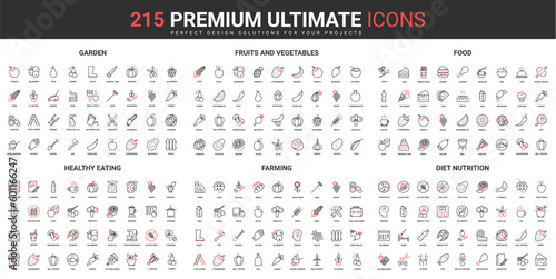 Healthy food product, farming and diet thin line red blac icons set vector illustration. Abstract symbols of garden fruits and vegetables, nutrition weight loss simple design mobile web apps