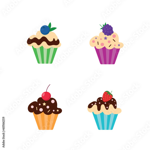Set of cupcakes with berries.Vector illustration eps10. Birthday sweets.