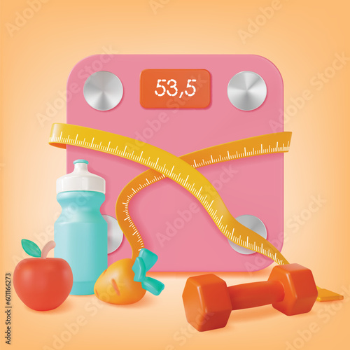 3d Bathroom Weight Scale with Fitness Bottle Cartoon Style. Vector illustration of Healthy Lifestyle and Diet Concept