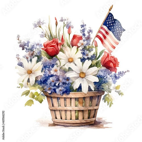 USA flag and flowers in basket. watercolor. Illustration AI Generative. photo