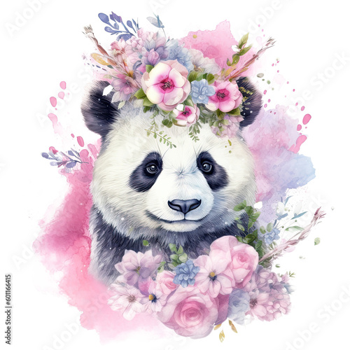 Watercolor panda with flower crown. Illustration AI Generative.