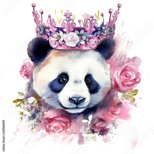 Watercolor panda with flower crown. Illustration AI Generative.