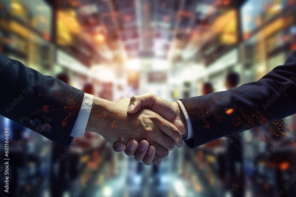 A handshake between two businessmen with a blurred background of a trading floor, with bokeh lights in the background, business, trading, bokeh Generative AI