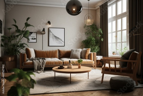 Bright living area with a cozy modular sofa, armchair, wooden lamp, TV, and greenery. Scandinavian minimalist design. Generative AI