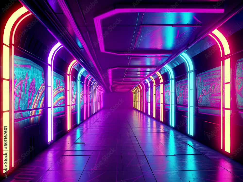 Dark tunnel at night. Neon lights are reflected on the surface. Generative AI