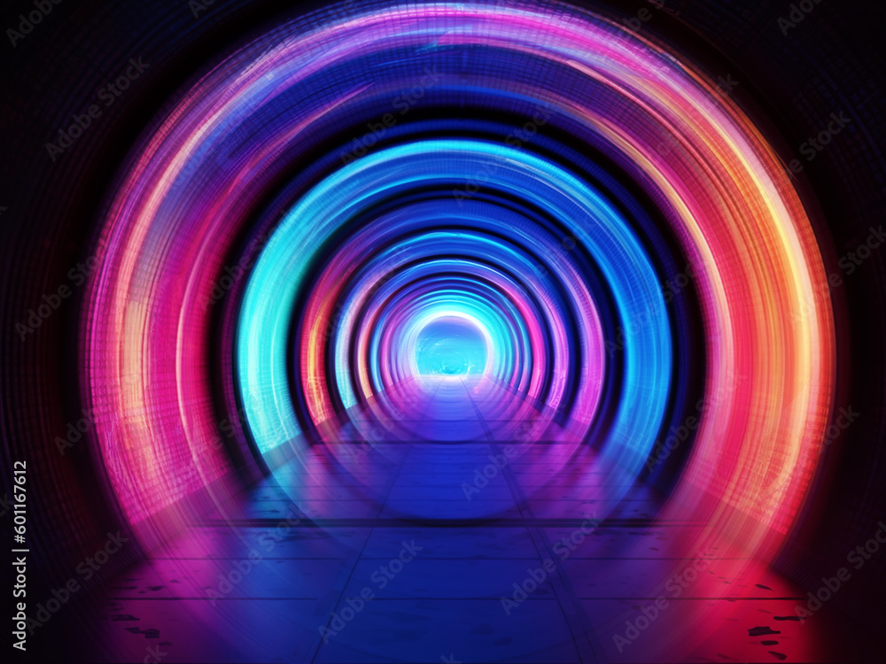 Dark tunnel at night. Neon lights are reflected on the surface. Generative AI Dark tunnel at night. Neon lights are reflected on the surface. Generative AI
