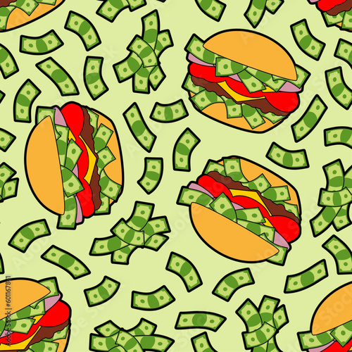 Money burger pattern seamless. Hamburger with dollars background. Fast food millionaire texture