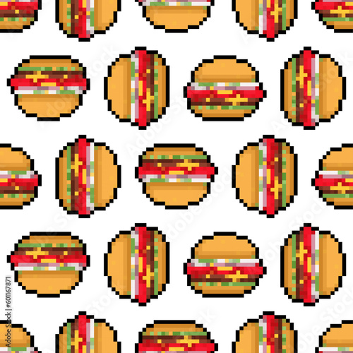 Burger pixel art pattern seamless. Hamburger pixelated background. Fast food 8 bit texture
