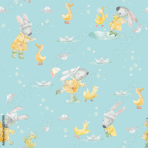 Cute watercolor children's illustration seamless pattern of bunny and duckling playing in the rain