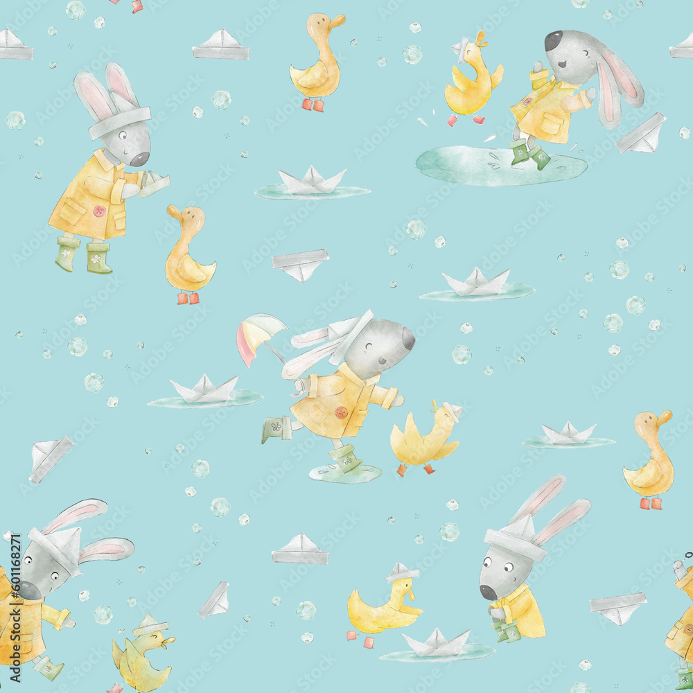 Obraz premium Cute watercolor children's illustration seamless pattern of bunny and duckling playing in the rain