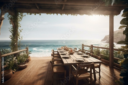3D rendering of outdoor dining with ocean view on the beach. Generative AI