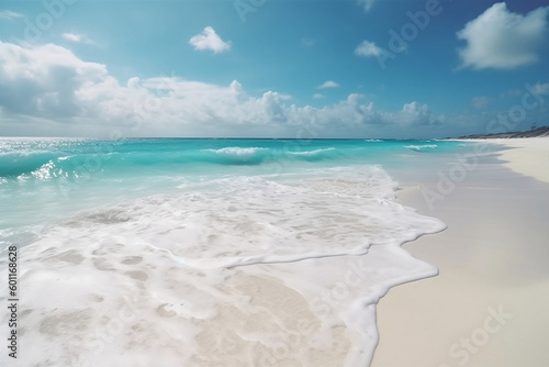 Beautiful sand beach with blue ocean. Generative AI illustration © Firn