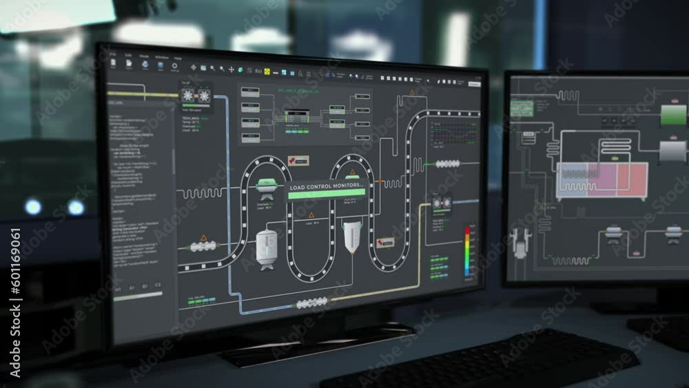Monitoring conveyor machinery using modern software at the factory. Monitoring automated machinery on a conveyor line. Monitoring machinery transporting the manufactured products on the conveyor belt. Monitoring conveyor machinery using modern software at the factory. Monitoring automated machinery on a conveyor line. Monitoring machinery transporting the manufactured products on the conveyor belt.