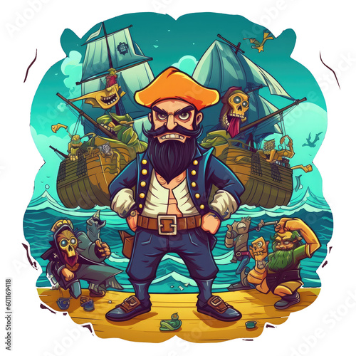 A vibrant pirate-themed design with a cartoonish pirate character standing on the deck of a ship, surrounded by a crew of zany-looking pirates with eye patches, Generative Ai