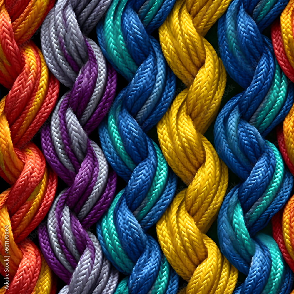 Seamless pattern of multicoloured ropes and twines twisted and plaited backdrop.