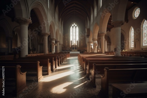 A realistic church interior in 8k quality. Generative AI