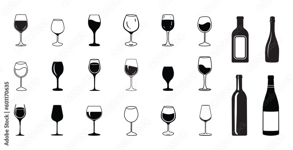 wine glass and bottle silhouette  - obrazy, fototapety, plakaty 