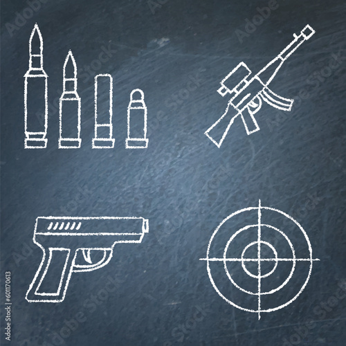 Firearms icon set on chalkboard