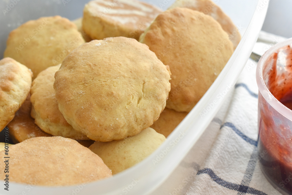 Scones in a plastic box. Traditional Scottish baked dessert. Scones in a plastic box. Traditional Scottish baked dessert.