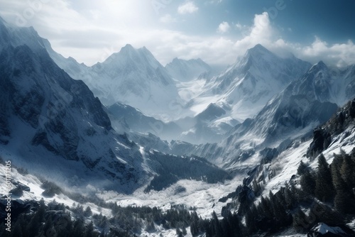 Digital artwork of mountains covered in snow, appearing animated. Perfect concept art for backgrounds and scenes. Generative AI