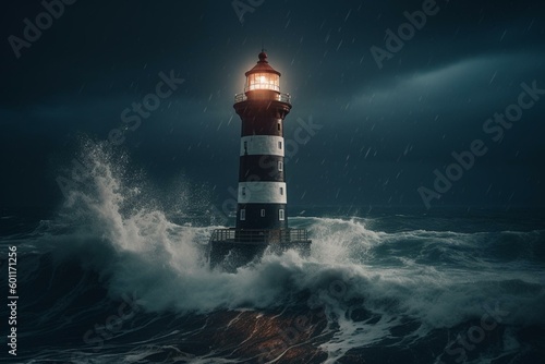 Amidst raging sea, a lighthouse's beacon pierces the dark night sky. Generative AI