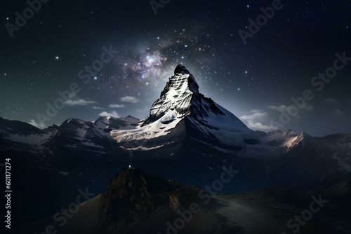 Moonlit Matterhorn looms over Swiss Alps in the night sky. Generative AI