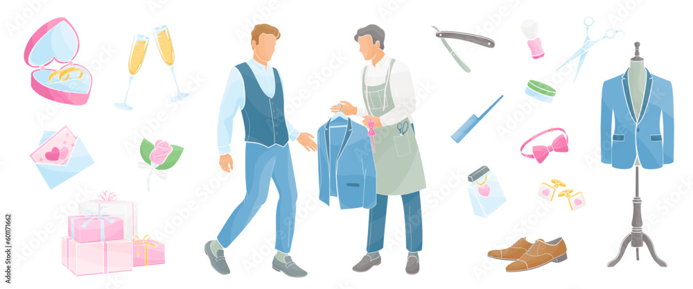 groom is preparing for his wedding day, set  items needed for a groom to look his best, color vector illustration