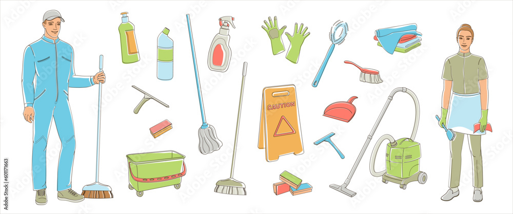 Cleaning service staff smiling characters on white background. House ...