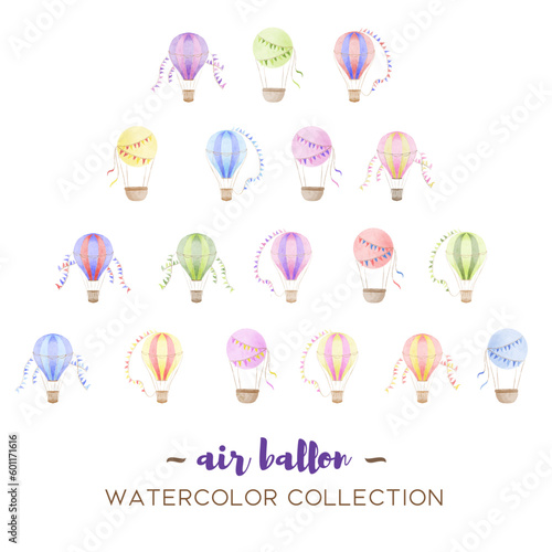Vector hot air balloon designs in various watercolor styles for graphic designs and cards © Sabine