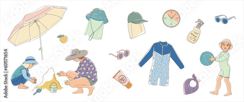 woman, boy and girl on the beach, set elements about protective measures against the solar radiation and UV ultraviolet on the beach for kids