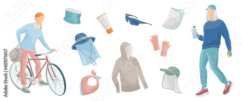 woman on a bike and man in a sportswear, set elements about protective measures against the solar radiation and UV ultraviolet during outdoor sports,color  vector illustration