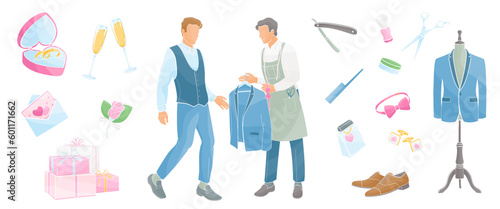 groom is preparing for his wedding day, set  items needed for a groom to look his best, color vector illustration
