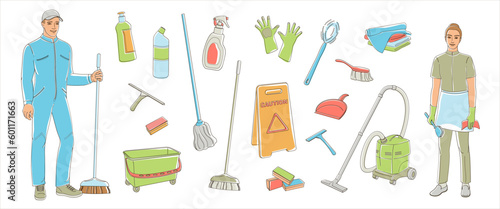 Cleaning service staff smiling characters on white background. House cleaners dressed in uniform and set elements about cleaning,  vector illustration