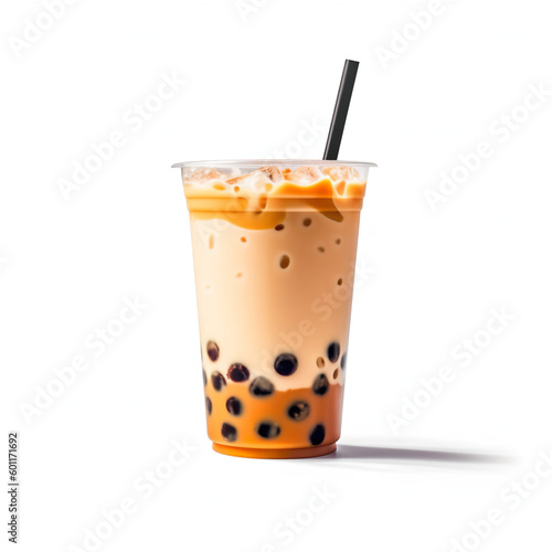 A plastic cup of bubble tea with a straw. Generative AI.