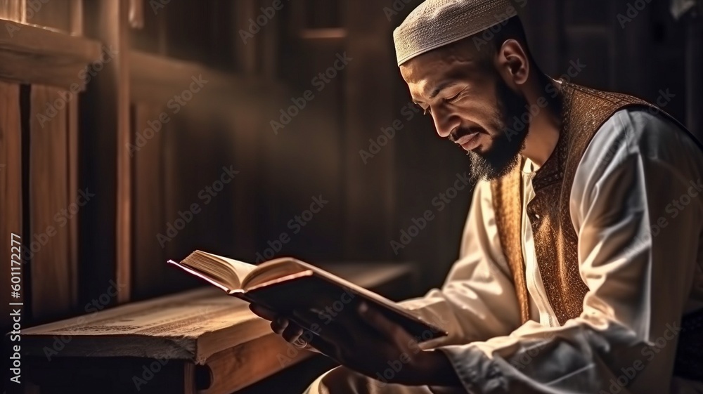 A Muslim guy is seen reading the Quran from the side. GENERATE AI