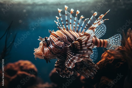A lionfish swims in an aquarium. Generative AI photo