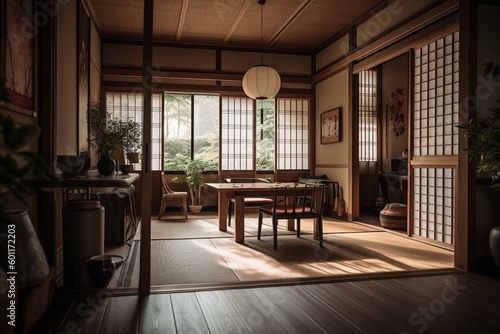 Japanese-style interior with modern living and eating areas, wood floor, tatami mats, and traditional door. Generative AI © Wynter