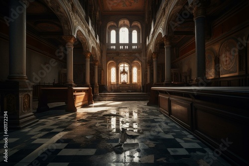 Abandoned monastery interior. Generative AI