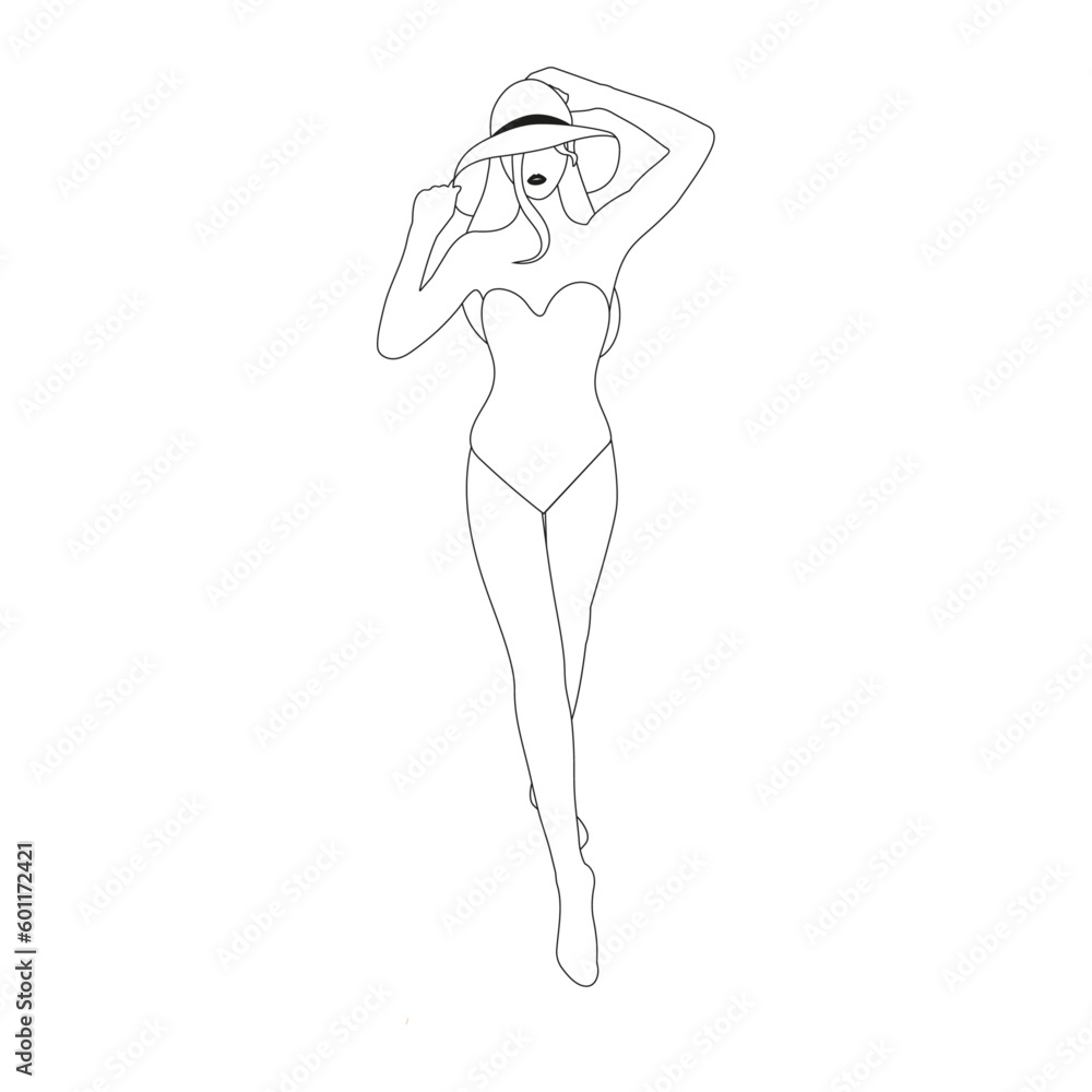 A beautiful girl walking with hat and dark lips in swimsuit on white background in outline art style for posters webs cards